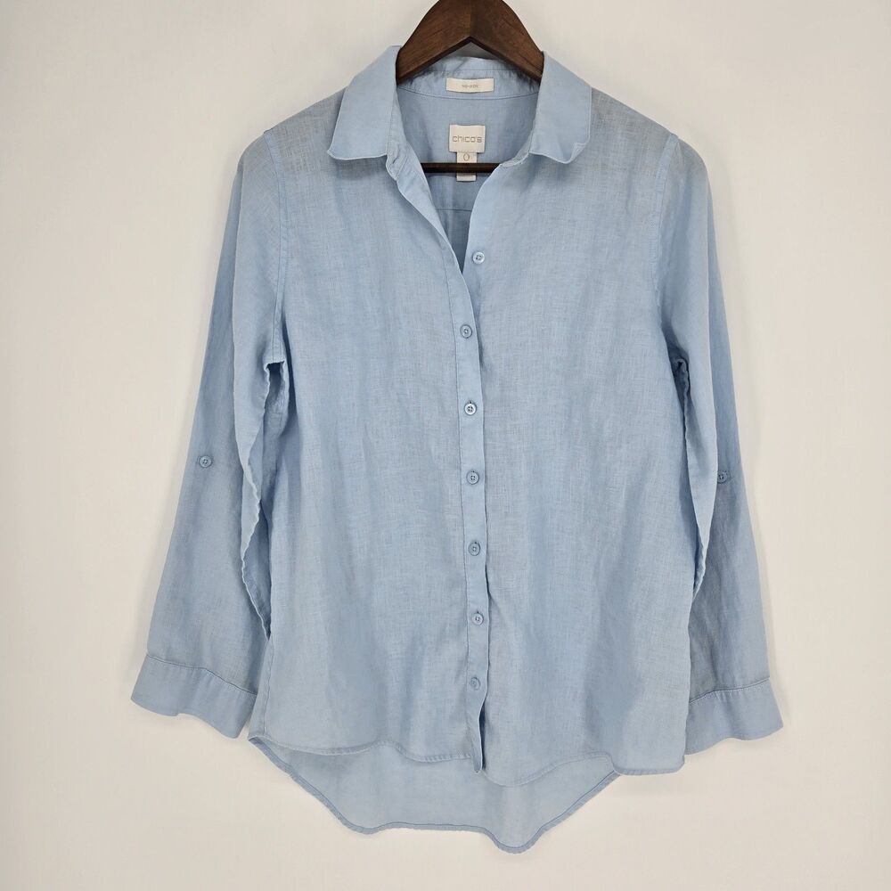 Chico's Light Blue Button-Front Linen Blend Blouse